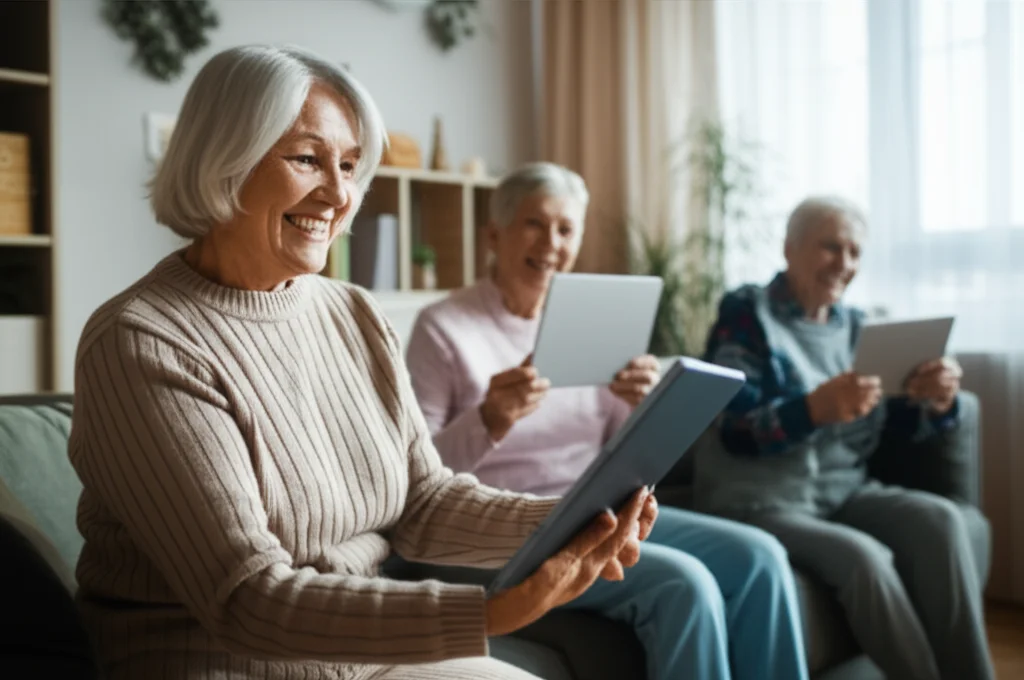Un gruppo eterogeneo di anziani sorridenti e attivi che partecipano a una lezione di ginnastica dolce virtuale sui loro tablet, in un ambiente domestico luminoso e confortevole. Prime lens, 35mm, colori vivaci, profondità di campo per mettere a fuoco i partecipanti.