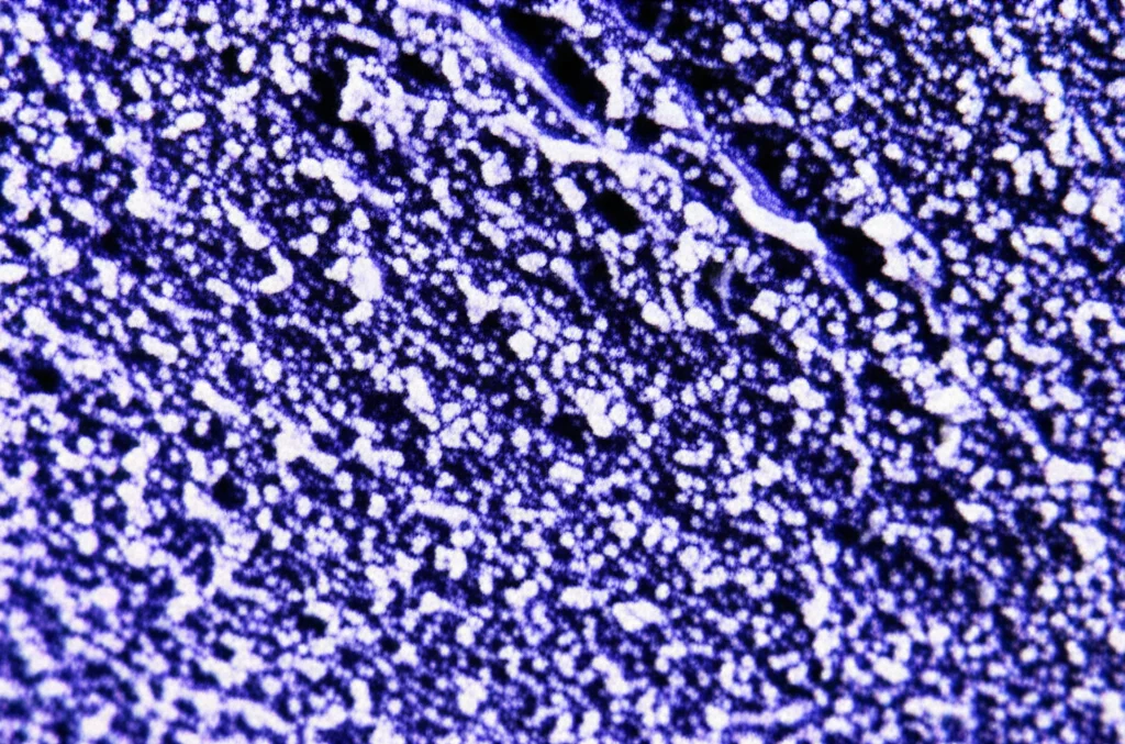 Macro lens, 100mm, high detail, controlled lighting, polvere di fotocatalizzatore a base di ossido di gallio drogato con ferro, con particelle nanometriche visibili, illuminate da un fascio di luce che ne evidenzia la struttura cristallina e la potenziale reattività.