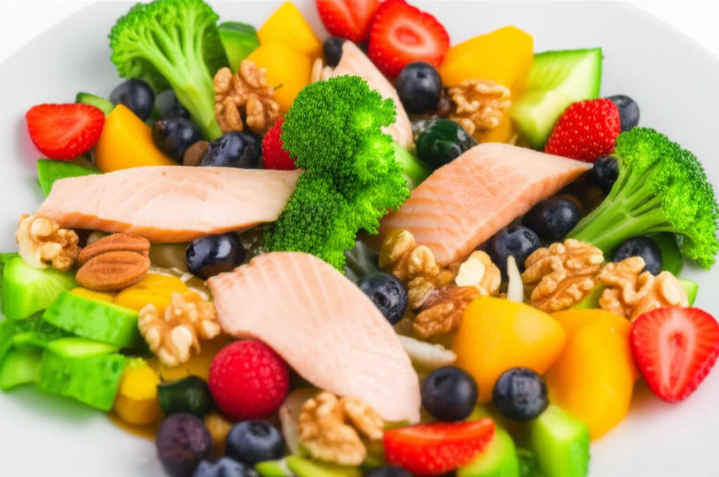 Un primo piano di un piatto colorato e salutare, ricco di verdure, frutta, noci e pesce, che rappresenta la dieta sana per il cervello. Macro lens, 100mm, alta definizione, illuminazione controllata per esaltare i colori e le texture del cibo.