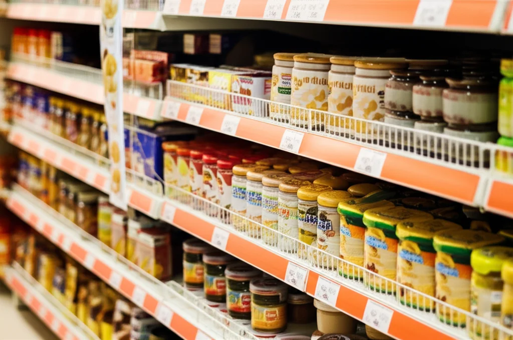 Scaffale di un supermercato con una vasta gamma di prodotti alimentari per l'infanzia, vasetti di omogeneizzati, cereali e snack. Macro lens, 100mm, alta definizione dei dettagli sulle etichette, illuminazione controllata per evidenziare i colori vivaci delle confezioni.