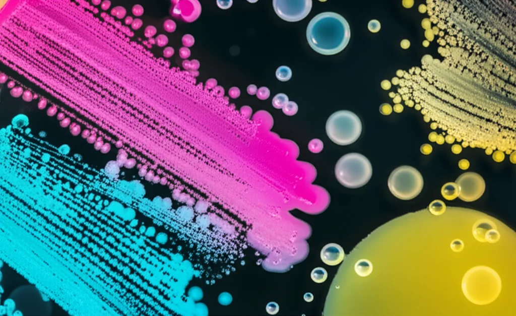 Macro fotografia di diverse colonie batteriche colorate (rosa, blu, gialle) su una piastra di Petri scura. Alcune colonie appaiono rigogliose, altre diradate. Goccioline trasparenti stilizzate, rappresentanti i pesticidi, sono sparse sulla superficie. Illuminazione da laboratorio controllata per evidenziare i dettagli, obiettivo macro 90mm, alta definizione dei contorni batterici.