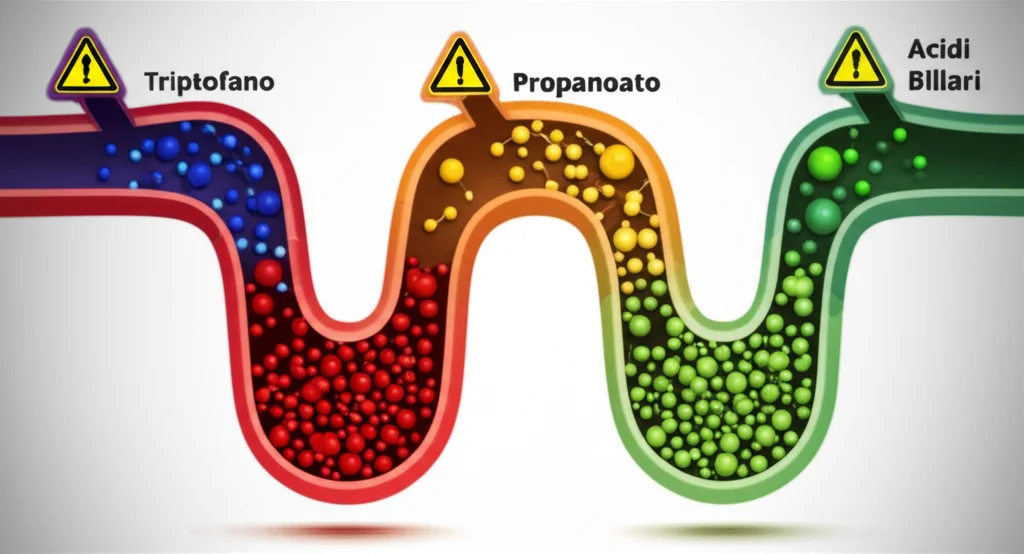 Infografica stilizzata che mostra tre percorsi metabolici (Triptofano, Propanoato, Acidi Biliari) come tubi interconnessi. Molecole di pesticidi, rappresentate come piccole icone di pericolo, entrano nei tubi alterando il flusso e il colore dei metaboliti (sfere colorate) al loro interno. Sfondo neutro, illuminazione da studio, obiettivo 50mm per una visione chiara dell'intera infografica.
