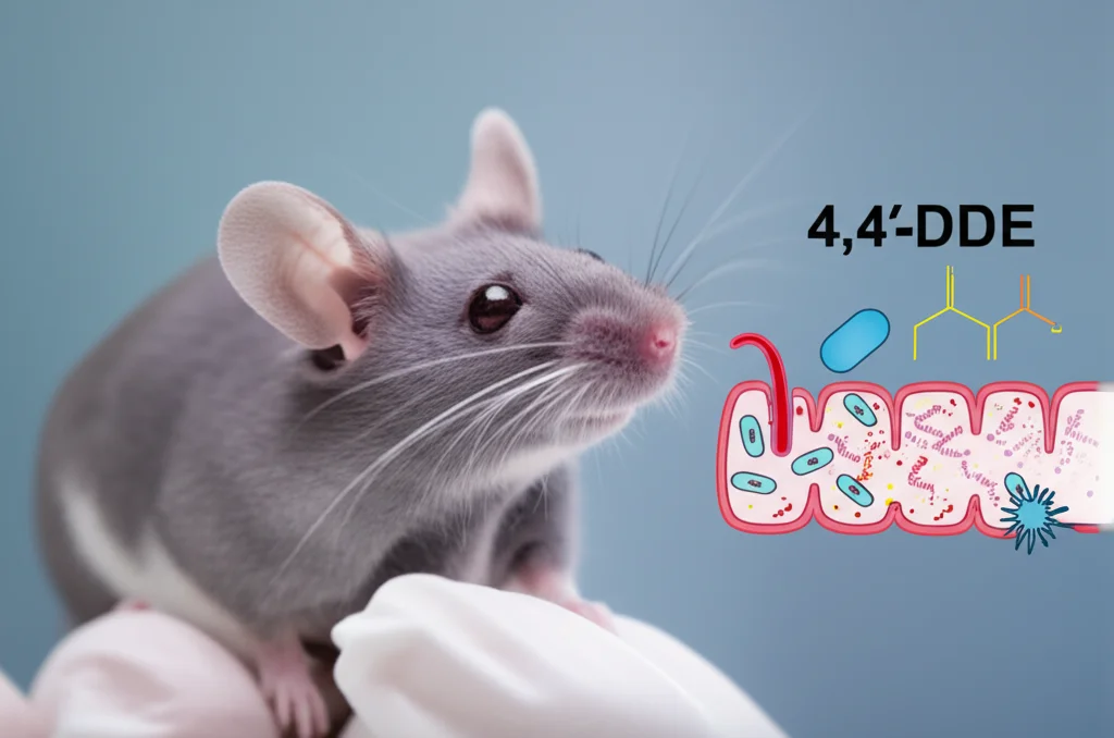 Fotografia di un topo da laboratorio C57BL/6 in un ambiente controllato e pulito. Accanto al topo, una rappresentazione grafica stilizzata del suo intestino con batteri e molecole di 4,4'-DDE. L'immagine dovrebbe trasmettere l'idea di uno studio scientifico in vivo. Obiettivo zoom 70-200mm per un ritratto dell'animale con sfondo leggermente sfocato, illuminazione da laboratorio.
