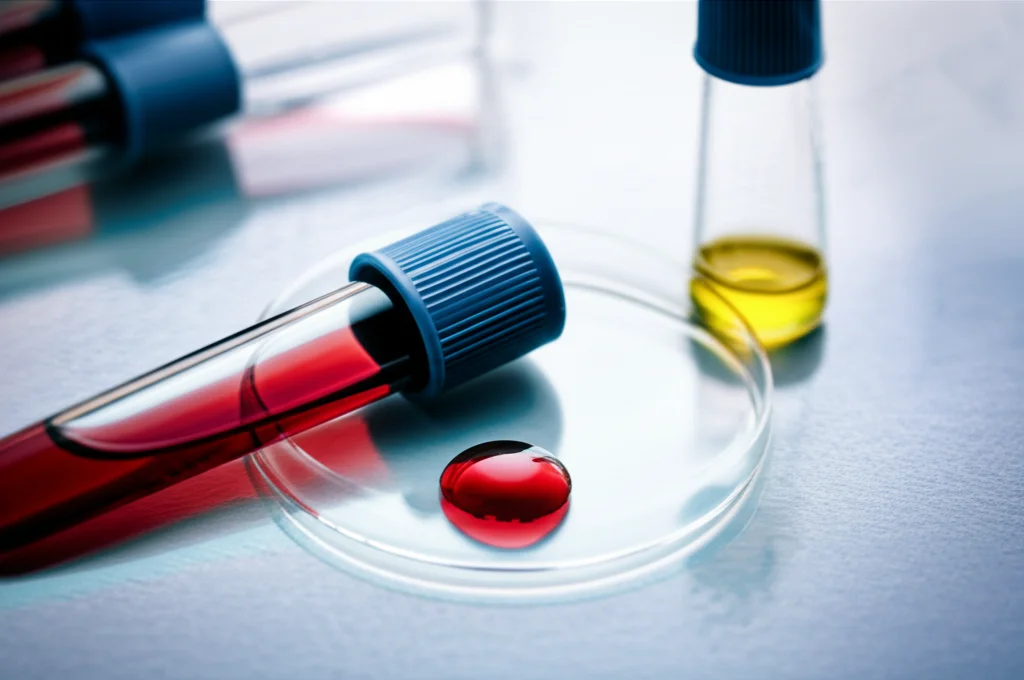 Un primo piano macro di una goccia di sangue su un vetrino da laboratorio e una provetta di urina accanto, su un tavolo sterile in un contesto di clinica. Illuminazione controllata e precisa, obiettivo macro 100mm, alta definizione dei dettagli, sfondo leggermente sfocato per enfatizzare i campioni.