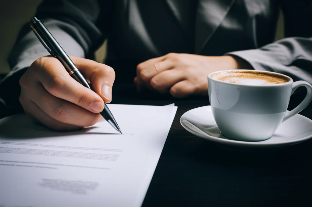 Una scrivania ingombra di documenti contrattuali e calcolatrici, con una mano che stringe una penna con frustrazione. Accanto, una tazza di caffè freddo. Obiettivo macro 60mm, illuminazione da ufficio un po' fredda, alta definizione per mostrare la texture della carta e lo stress della situazione.