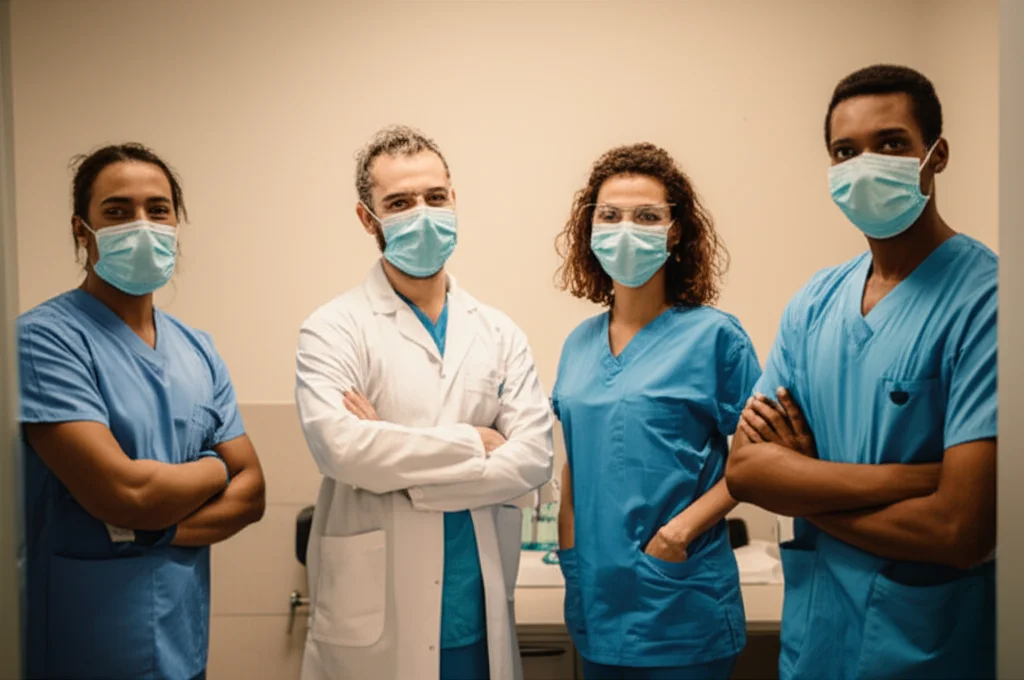 Un gruppo di professionisti sanitari sorridenti e diversificato (dentisti, infermieri, manager) in un ambiente di lavoro collaborativo e luminoso, che simboleggia un futuro positivo per il settore. Obiettivo zoom 24-35mm, luce calda e accogliente, colori brillanti, espressioni di contentezza e professionalità.