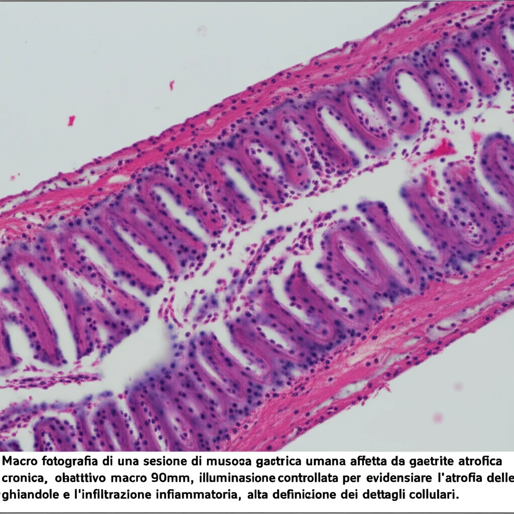 Macro fotografia di una sezione di mucosa gastrica umana affetta da gastrite atrofica cronica, obiettivo macro 90mm, illuminazione controllata per evidenziare l'atrofia delle ghiandole e l'infiltrazione infiammatoria, alta definizione dei dettagli cellulari.
