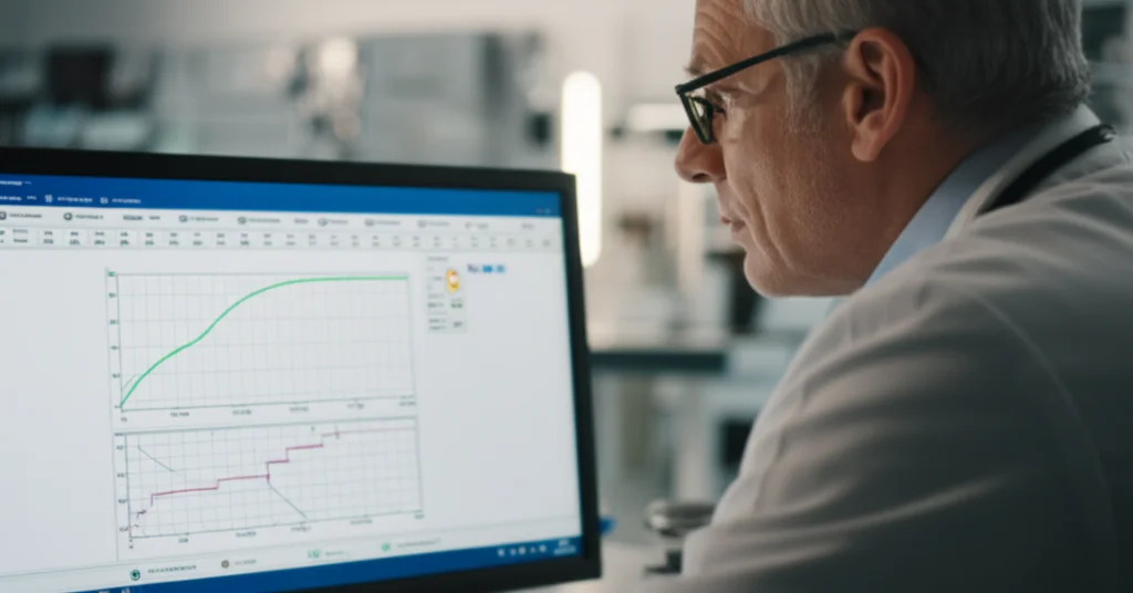 Un ricercatore medico, uomo di mezza età con occhiali, osserva attentamente un nomogramma complesso visualizzato su un monitor di computer in un laboratorio moderno e luminoso. Primo piano sul monitor che mostra grafici e scale del nomogramma. Obiettivo prime 35mm, profondità di campo per sfocare leggermente lo sfondo e mantenere il focus sul monitor e l'espressione concentrata del ricercatore.