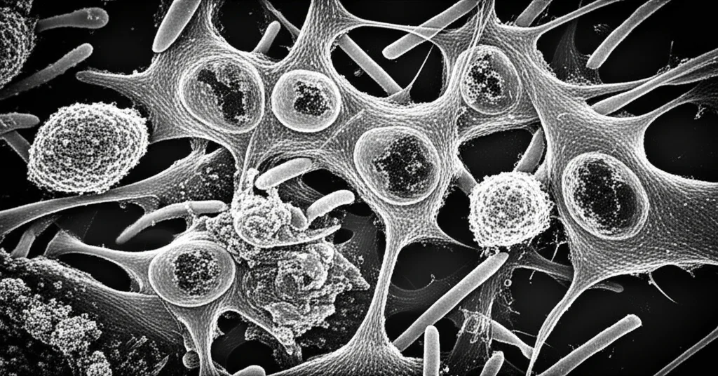 Visualizzazione fotorealistica al microscopio elettronico di cellule tumorali con fibroblasti attivati (FAP) evidenziati in un colore contrastante, obiettivo macro 100mm, alta definizione dei dettagli cellulari, illuminazione da laboratorio precisa per enfatizzare le strutture. Film noir per un contrasto elevato.