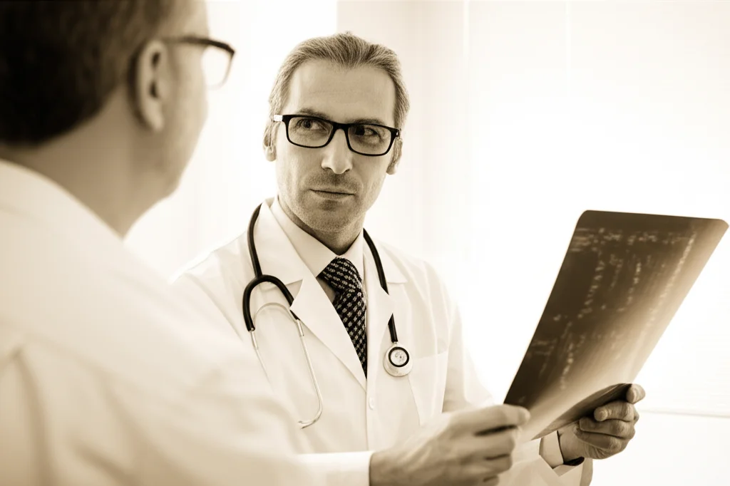 Ritratto fotografico di un medico oncologo che spiega con empatia i risultati di un esame PET a un paziente, in un ambiente clinico luminoso e rassicurante. Obiettivo prime 35mm, profondità di campo per mettere a fuoco i volti, tonalità duotone seppia e crema per un'atmosfera calda e professionale.