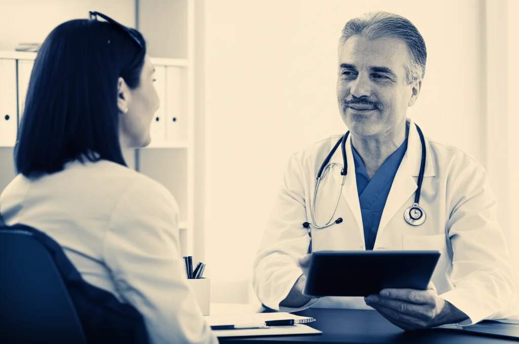 Un medico e un paziente discutono davanti a un tablet che mostra un grafico predittivo (il nomogramma). Il medico, donna, indica lo schermo con fare rassicurante. Il paziente, uomo anziano, ascolta con attenzione. Scena in uno studio medico accogliente. Obiettivo zoom 24-70mm impostato a circa 50mm, luce naturale dalla finestra, duotone seppia e blu per un'atmosfera calma e professionale.