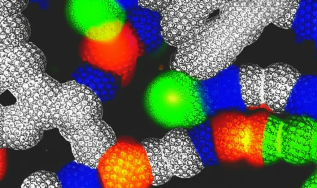 Visualizzazione macro di molecole di acido redox-sintonizzabile che interagiscono con molecole di ammina e CO2 in un solvente organico, illuminazione controllata, alta definizione, obiettivo macro 60mm, che mostra il trasferimento di protoni e il cambiamento di stato redox.