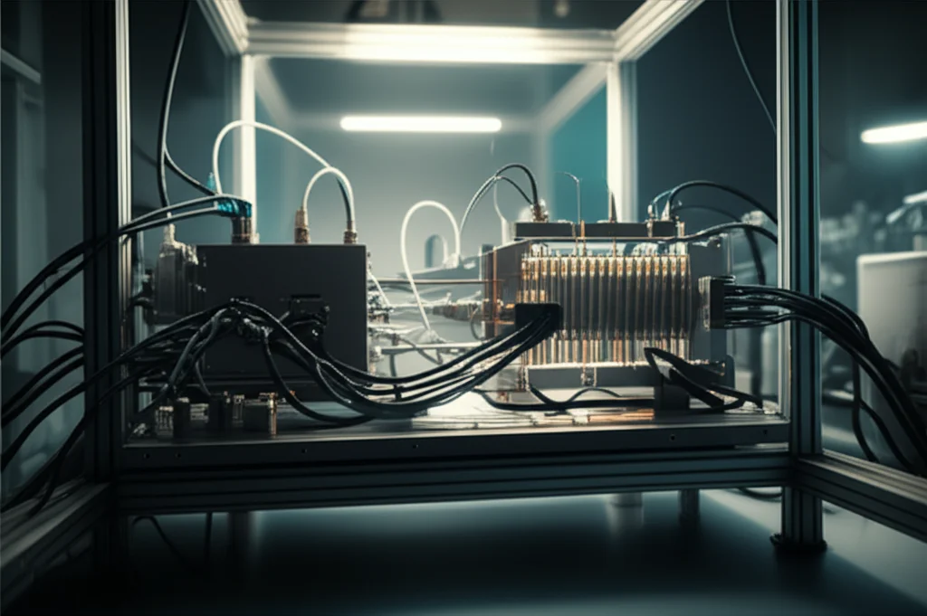 Fotografia di un prototipo di cella a flusso elettrochimica per la cattura del carbonio in un laboratorio high-tech, con tubi e fili collegati, illuminazione da laboratorio, obiettivo 35mm, profondità di campo, che mostra l'innovazione tecnologica.