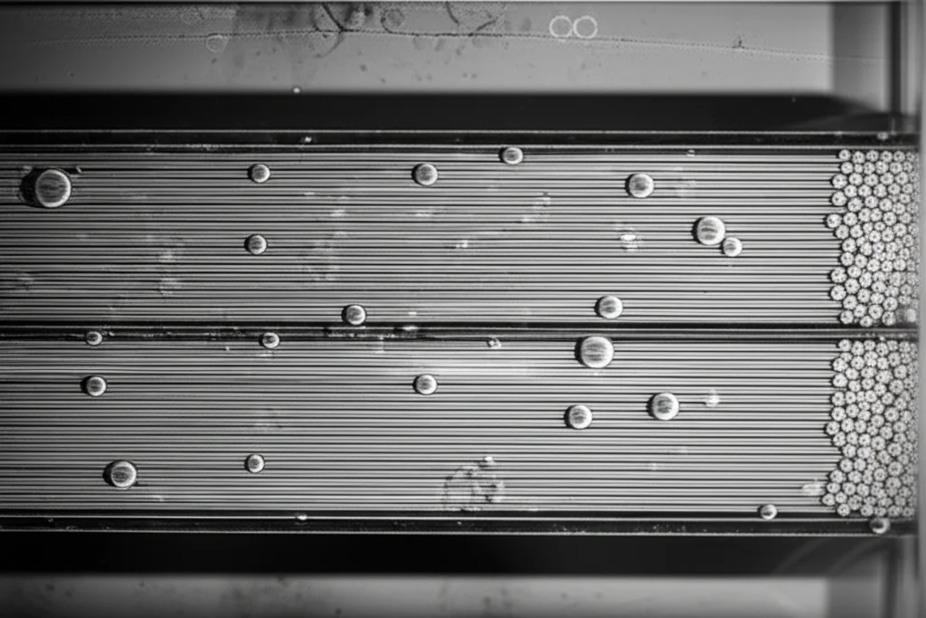 Primo piano di elettrodi in carbonio all'interno di una cella a flusso, con bollicine di CO2 visibili, illuminazione tecnica precisa, obiettivo macro 100mm, alta definizione, per illustrare il processo di cattura e rilascio del gas.