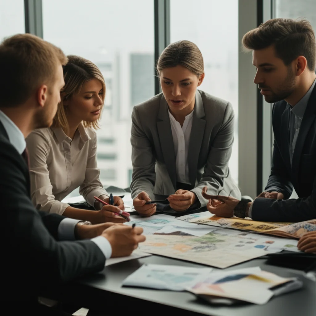 Un gruppo diversificato di persone (prosumer, rappresentanti di DSO, membri della comunità) seduti attorno a un tavolo rotondo in un ambiente moderno e luminoso, che discutono animatamente e collaborano su un progetto di energia comunitaria. Mappe e grafici sono sparsi sul tavolo. Obiettivo prime 35mm, profondità di campo, illuminazione naturale.