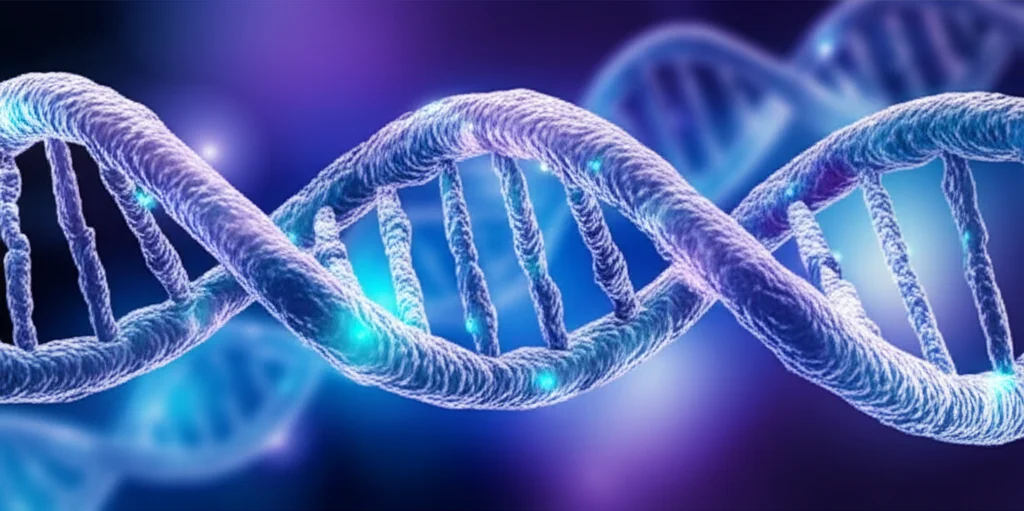 Visualizzazione artistica di un filamento di DNA con gruppi metilici (CH3) attaccati, rappresentati come piccole sfere luminose. Sfondo astratto con colori blu e viola che suggeriscono un ambiente cellulare. Obiettivo macro, alta definizione, illuminazione drammatica per enfatizzare i gruppi metilici. L'immagine deve comunicare il concetto di modificazione epigenetica e la sua importanza.