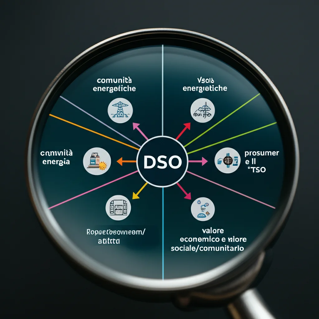 Un diagramma concettuale che illustra il nuovo modello di valore di un DSO. Al centro il DSO, connesso bidirezionalmente con prosumer, comunità energetiche e il TSO. Frecce colorate indicano flussi di energia, dati, flessibilità, valore economico e valore sociale/comunitario. Macro lens, 80mm, high detail, precise focusing, controlled lighting.