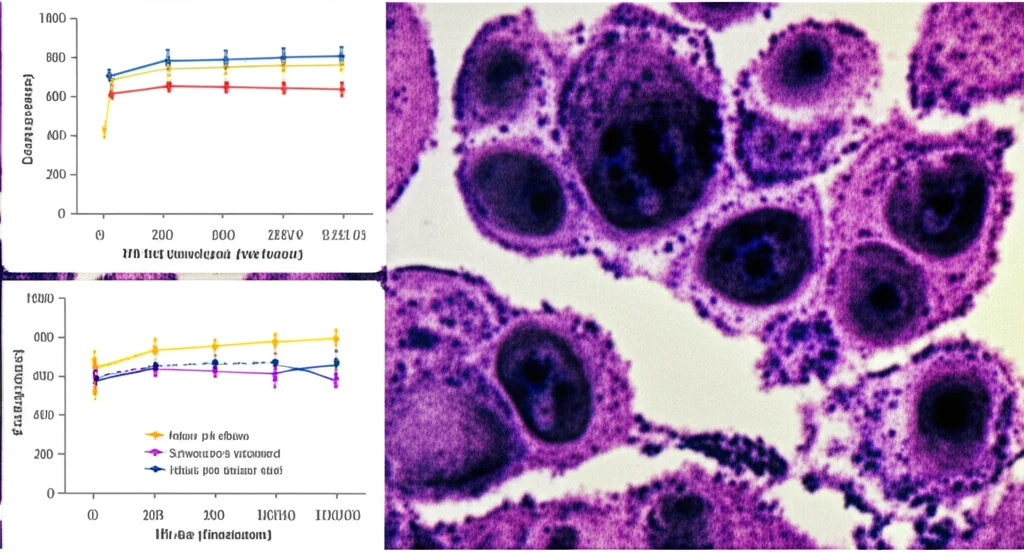 Visualizzazione astratta di due cluster di cellule tumorali del colon, uno con colori più scuri e aspetto aggressivo (CR cluster 2) e l'altro più chiaro (CR cluster 1), con grafici di sopravvivenza sovrapposti che mostrano la differenza prognostica. Illuminazione da laboratorio, lente macro 90mm, alta definizione dei dettagli cellulari.