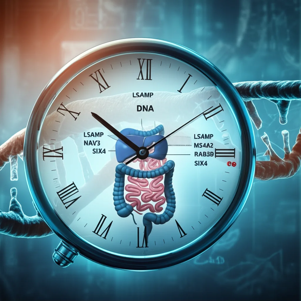 Illustrazione concettuale di un orologio biologico stilizzato che si integra con la doppia elica del DNA, con i geni LSAMP, MS4A2, NAV3, RAB3B, SIX4 evidenziati. Sfondo con cellule del colon e un grafico di prognosi. Illuminazione soffusa, obiettivo prime 35mm, effetto duotone blu e ambra per un look scientifico ma artistico.