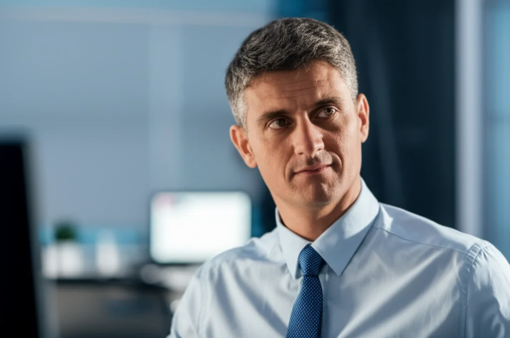 Ritratto fotografico di una persona dall'aspetto comune, magari un professionista in un ambiente di ufficio, con un'espressione enigmatica che suggerisce una complessità interiore. Obiettivo da 35mm, luce naturale laterale per creare ombre e mistero, profondità di campo ridotta per focalizzare sul soggetto e sfocare lo sfondo, evocando la 'maschera della sanità'.