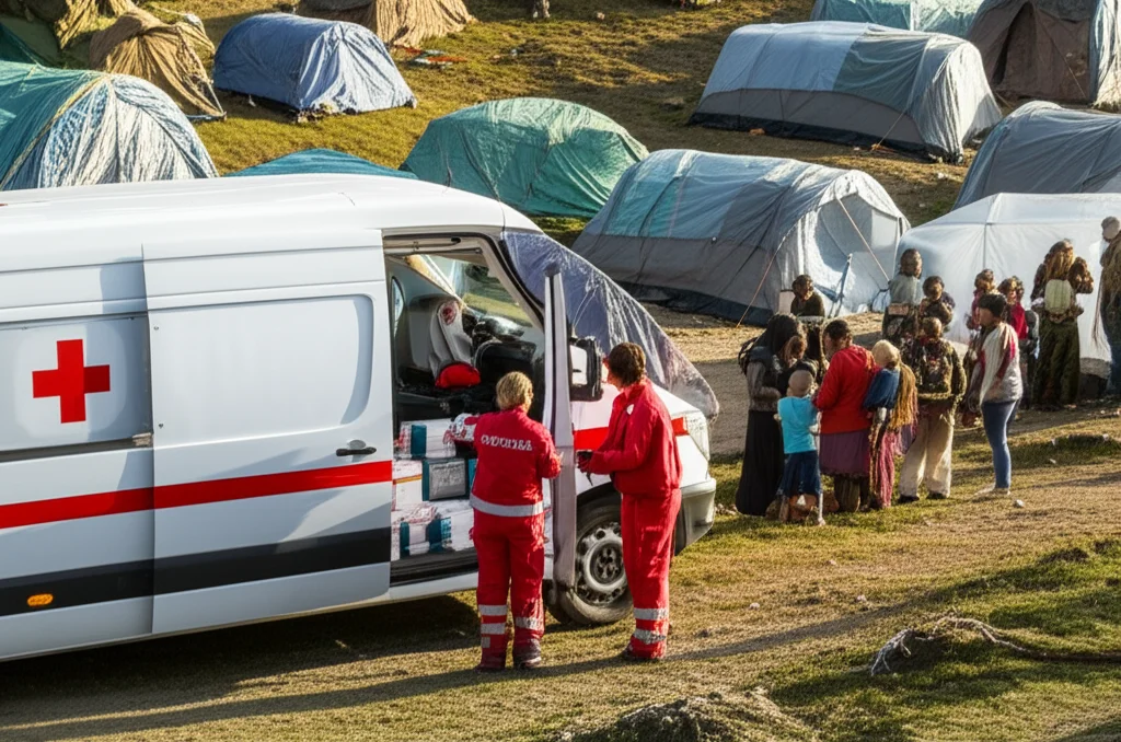 Fotografia di un'unità medica mobile, un furgone bianco con una croce rossa, parcheggiato in un'area rurale montuosa disseminata di tende improvvisate dopo un terremoto. Personale medico in divisa sta scaricando scatole di medicinali. Persone sfollate, alcune con bambini, attendono nelle vicinanze. Obiettivo zoom 24-35mm, profondità di campo per mettere a fuoco sia il personale che le persone in attesa, luce naturale del tardo pomeriggio.