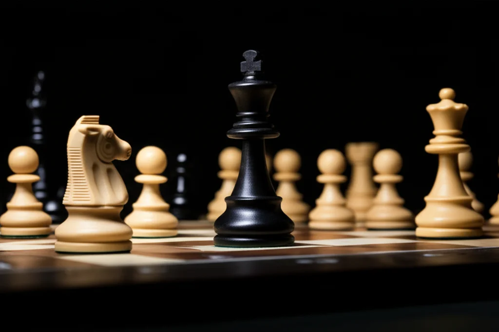 Immagine macro di una scacchiera con pezzi posizionati strategicamente, alcuni pezzi bianchi che circondano un pezzo nero chiave. Illuminazione drammatica e controllata per evidenziare le texture e creare un senso di tensione e calcolo, a simboleggiare la manipolazione e la strategia nei tratti interpersonali della psicopatia. Obiettivo macro da 100mm, alta definizione.