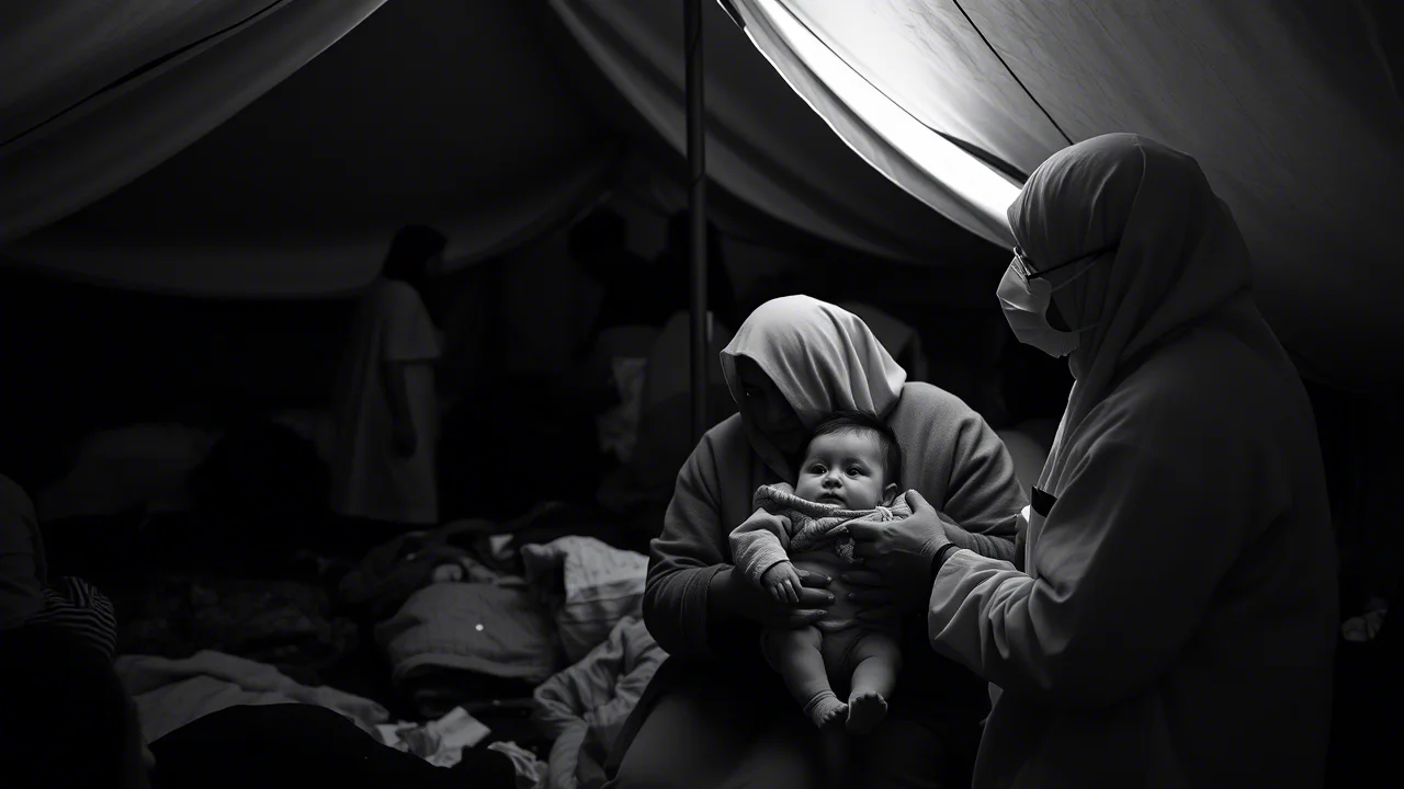 Interno di una tenda sovraffollata in un campo sfollati a Hatay. Un operatore sanitario, con indosso una mascherina, visita un bambino piccolo tenuto in braccio dalla madre, anch'essa con un'espressione preoccupata. Pochi oggetti personali sono visibili. Obiettivo prime 35mm, bianco e nero film, profondità di campo per isolare la scena medico-paziente, luce fioca che entra da un'apertura della tenda.