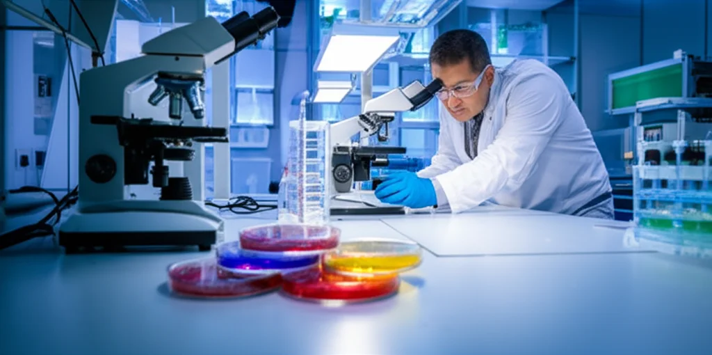 Un laboratorio di microbiologia high-tech, obiettivo macro 90mm, con un tecnico che osserva al microscopio campioni batterici su vetrini. In primo piano, piastre di Petri con colonie batteriche colorate. Illuminazione da laboratorio precisa e dettagliata che evidenzia la strumentazione scientifica e la concentrazione del ricercatore. L'atmosfera è di ricerca intensa e meticolosa.