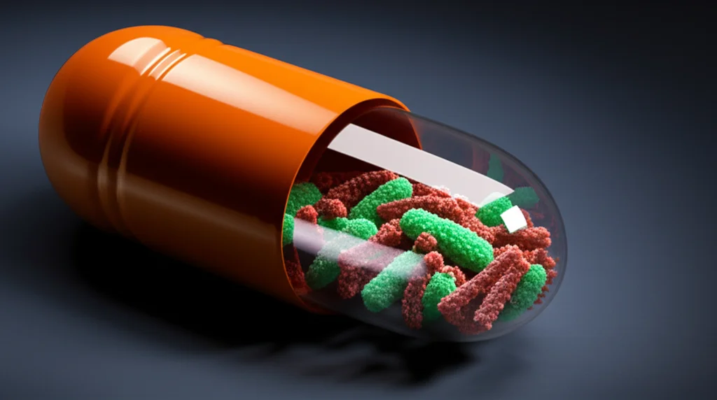 Immagine simbolica della lotta contro la resistenza antimicrobica (AMR). Obiettivo macro 100mm su una capsula di antibiotico spezzata, con accanto batteri 'forti' e resistenti che non vengono intaccati. L'illuminazione è drammatica, con ombre profonde, per sottolineare la gravità del problema AMR. Sfondo scuro e testurizzato.