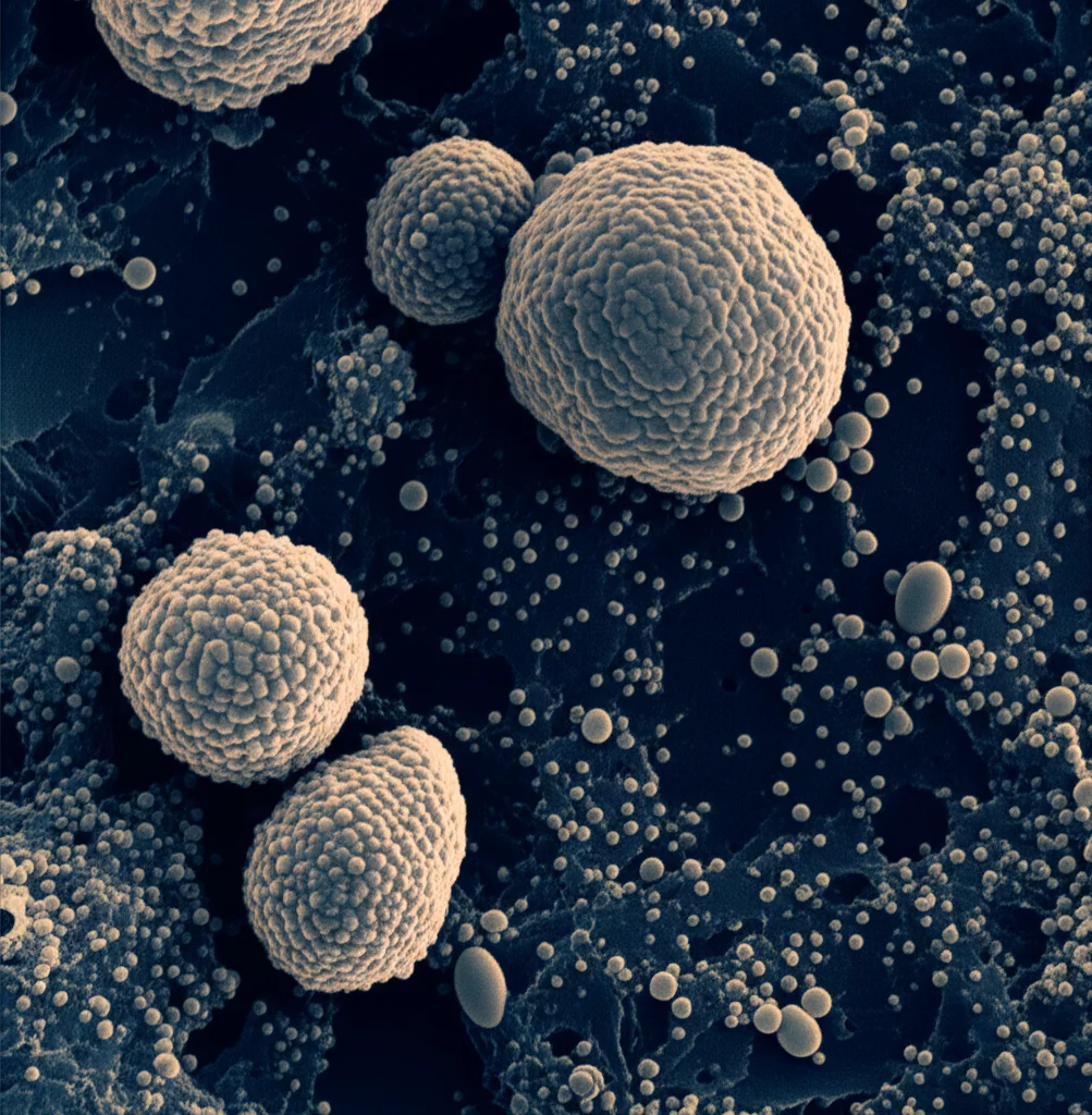 Microscopia elettronica a scansione del microambiente tumorale ovarico, con cellule tumorali grandi e irregolari e linfociti T CD8+ piccoli e sferici che tentano di infiltrarsi. Illuminazione laterale controllata per evidenziare le texture cellulari, obiettivo macro 100mm, alta definizione, duotone seppia e blu scuro.