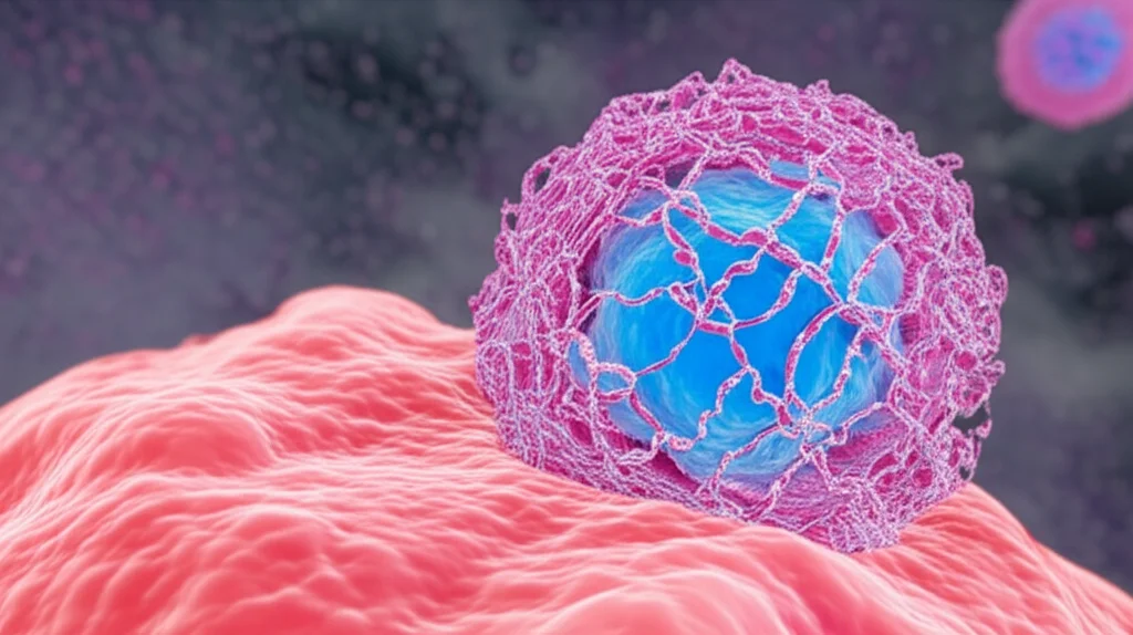 Illustrazione 3D di un linfocita T CD8+ (sfera blu con recettori) che interagisce con una cellula tumorale (massa rosa irregolare). La proteina THBS1 (struttura a rete grigia) si interpone, bloccando l'interazione citotossica. Sullo sfondo, altre cellule immunitarie e vasi sanguigni sfocati. Obiettivo prime 35mm, profondità di campo, illuminazione drammatica per evidenziare THBS1.