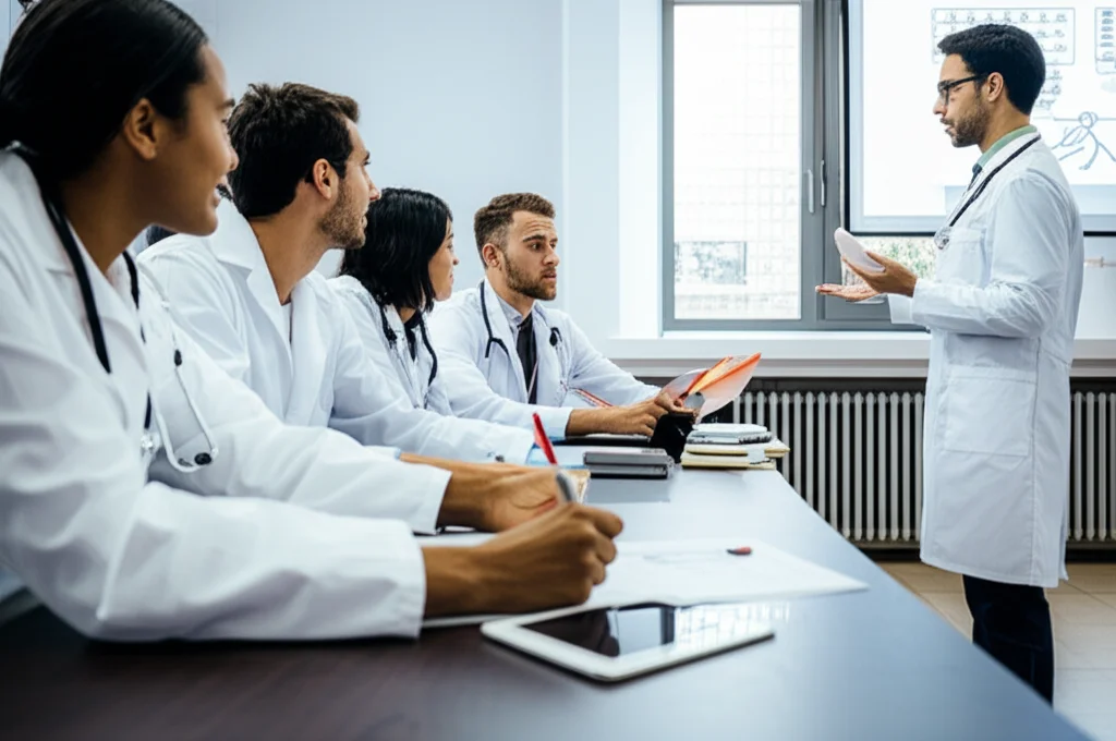 Un gruppo eterogeneo di studenti di medicina, in camice bianco, discute animatamente attorno a un tavolo in un'aula universitaria luminosa. Alcuni consultano tablet, altri prendono appunti su quaderni. Un docente esperto li guida, indicando uno schema proiettato su uno schermo. Prime lens, 35mm, depth of field, luce naturale che entra da ampie finestre.