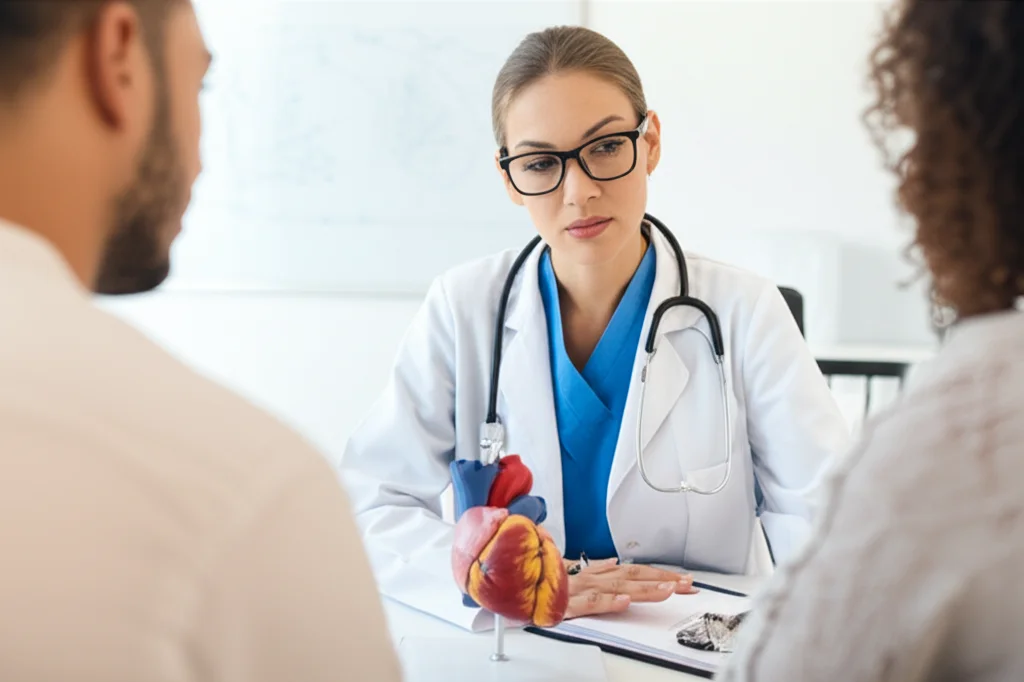 Un medico donna, con un'espressione empatica, siede di fronte a una coppia di genitori preoccupati nel suo studio. Sta spiegando con calma dei risultati, utilizzando un modello anatomico di un cuore. Macro lens, 60mm, high detail, precise focusing, illuminazione controllata e calda.
