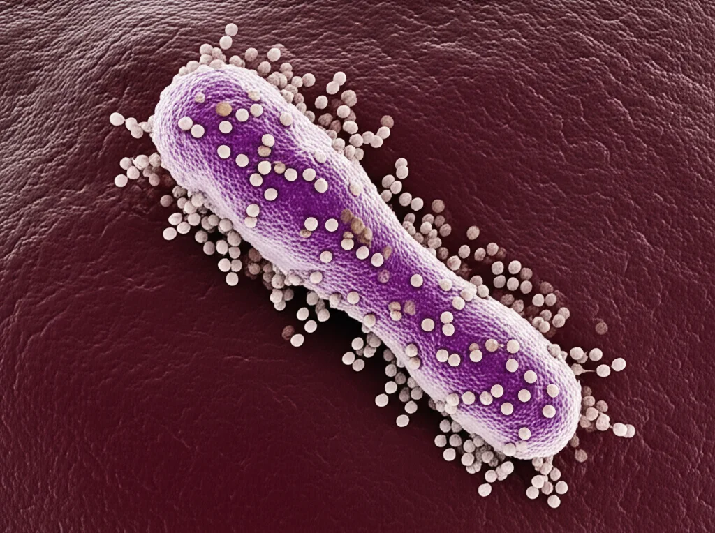 Immagine macro ad alta definizione di batteri Porphyromonas gingivalis, con illuminazione controllata per evidenziare le vescicole della membrana esterna (OMV) che si staccano, focale 100mm, sfondo scuro per contrasto, dettagli precisi.