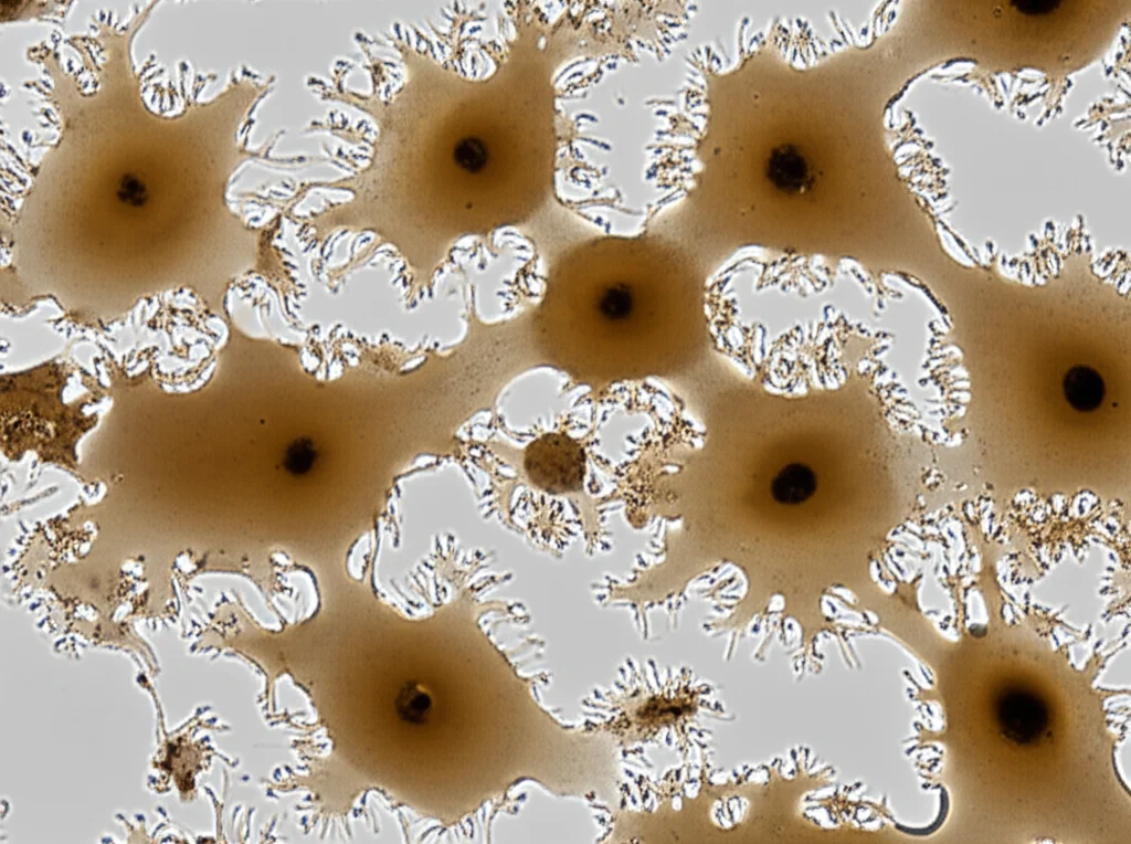 Fotografia macro di cellule di carcinoma orale a cellule squamose (OSCC) in coltura, con dettagli precisi sulla morfologia cellulare e segni di proliferazione, lente macro 60mm, illuminazione da laboratorio che crea un leggero effetto tridimensionale.