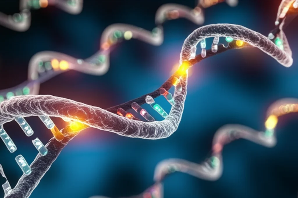 Visualizzazione artistica di filamenti di DNA con geni evidenziati, alcuni attivi (luminosi) e altri silenziati (scuri), a simboleggiare la disregolazione genica indotta dalle OMV, obiettivo macro 90mm, alta definizione, con un effetto di profondità di campo.