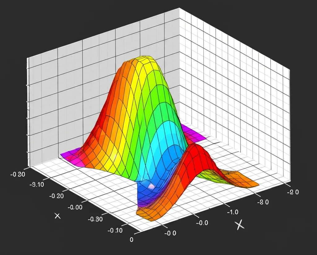 Un grafico 3D della funzione di densità di probabilità di una distribuzione normale piegata bivariata, con picchi e valli colorati che illustrano la 'piegatura' dei valori negativi. Macro lens, 80mm, high detail, precise focusing, controlled lighting, su sfondo scuro per far risaltare i colori.