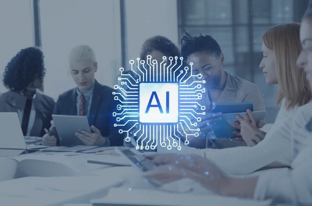 Un'aula universitaria moderna, studenti collaborano in piccoli gruppi attorno a tablet che mostrano grafici e testo, un'icona stilizzata di un cervello con circuiti AI fluttua sopra di loro. Luce naturale, ambiente luminoso. Lente prime 35mm, profondità di campo, duotone blu e grigio.