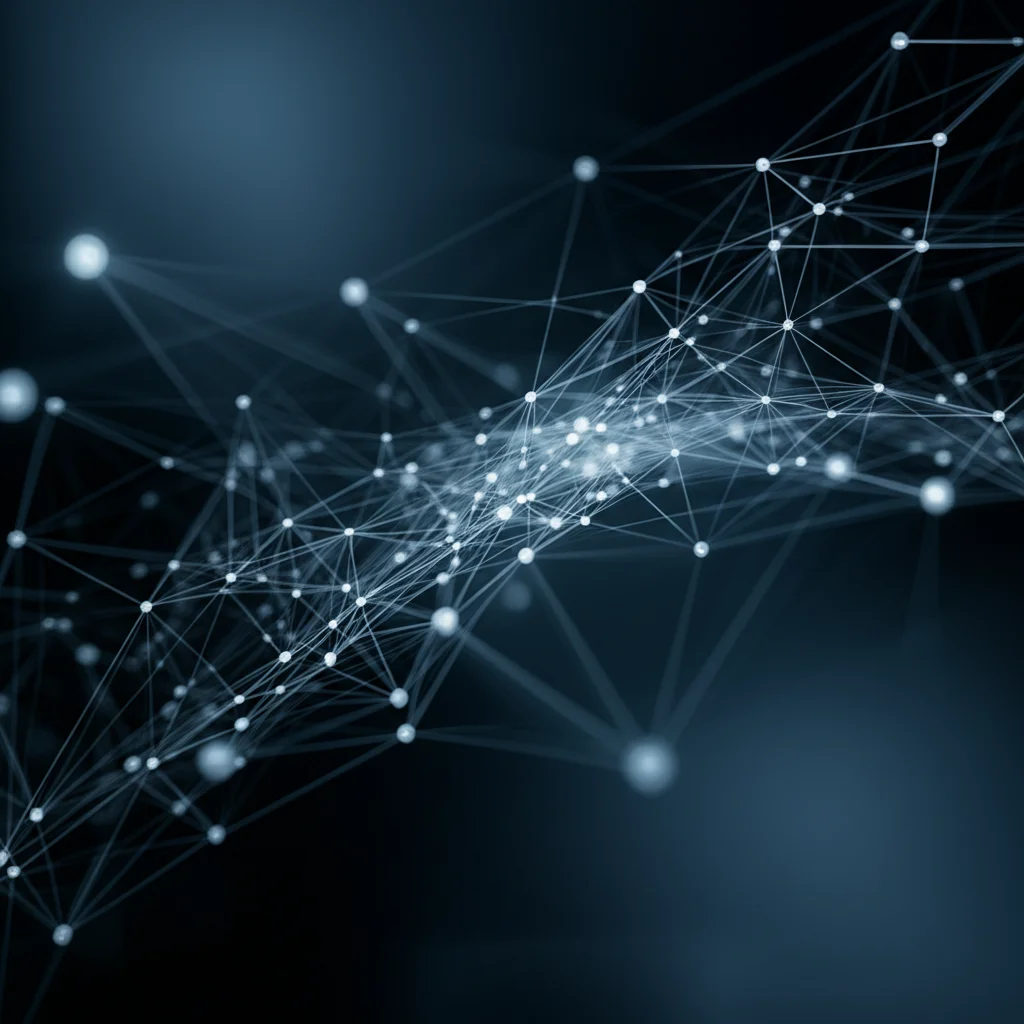 Visualizzazione astratta di complessi calcoli statistici multivariati, con nodi interconnessi e flussi di dati luminosi che convergono verso una formula centrale. Prime lens, 35mm, depth of field, duotone (blu intenso e argento), stile futuristico.