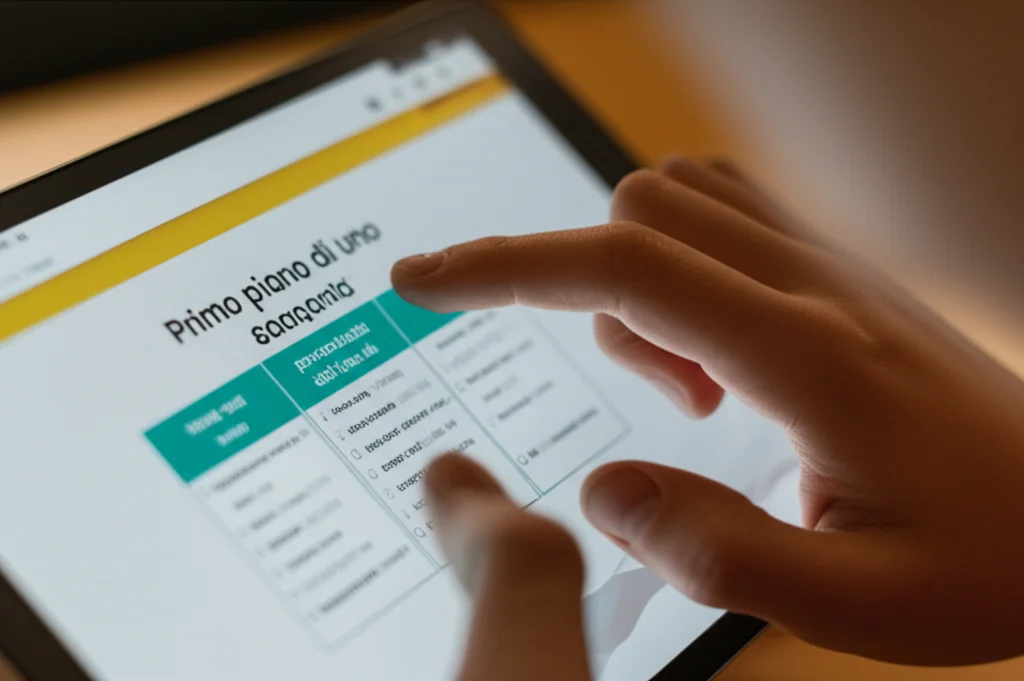 Primo piano di uno schermo di tablet che mostra un'interfaccia di un'applicazione educativa con domande personalizzate generate dall'IA. Accanto, una mano di studente che interagisce con lo schermo. Macro lens 60mm, high detail, precise focusing, controlled lighting.