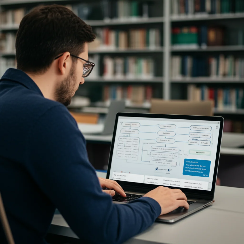 Uno studente concentrato guarda uno schermo di laptop, visualizzando un diagramma di flusso del processo PT-PBL e una chat di assistenza AI (GCRA) che fornisce suggerimenti. L'ambiente è una biblioteca o area studio. Zoom lens 24-70mm, luce soffusa, film noir.