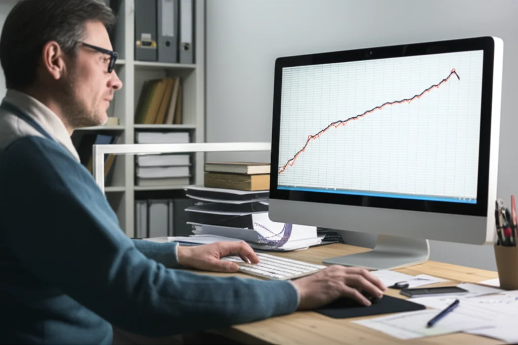 Un ricercatore analizza grafici e dati su un monitor di computer che mostrano curve di apprendimento ascendenti e comparazioni tra gruppi sperimentali e di controllo. L'ufficio è ordinato, con libri e appunti. Telephoto zoom 100mm, controlled lighting, high detail.