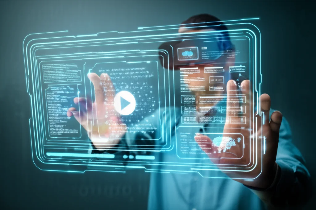 Visione futuristica di un'interfaccia di apprendimento olografica che mostra contenuti multimodali (testo, video, immagini 3D interattive) a uno studente. Wide-angle 18mm, illuminazione d'effetto, sharp focus, colori freddi e tecnologici.