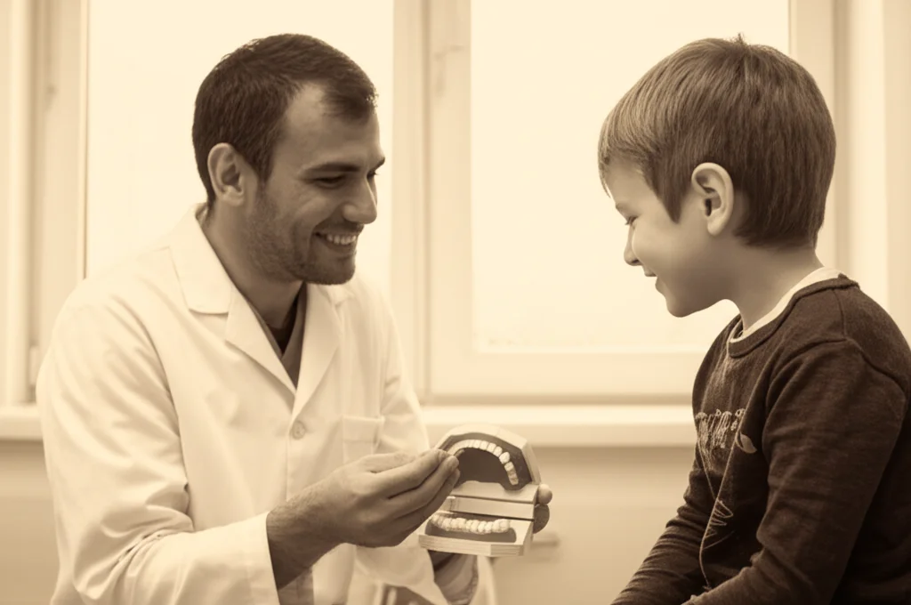 Un dentista pediatrico sorridente che mostra a un bambino un modello di denti, spiegando l'importanza dell'igiene orale. Scatto con obiettivo da 35mm, luce naturale da finestra, per un'atmosfera calda e accogliente, duotone seppia e crema.