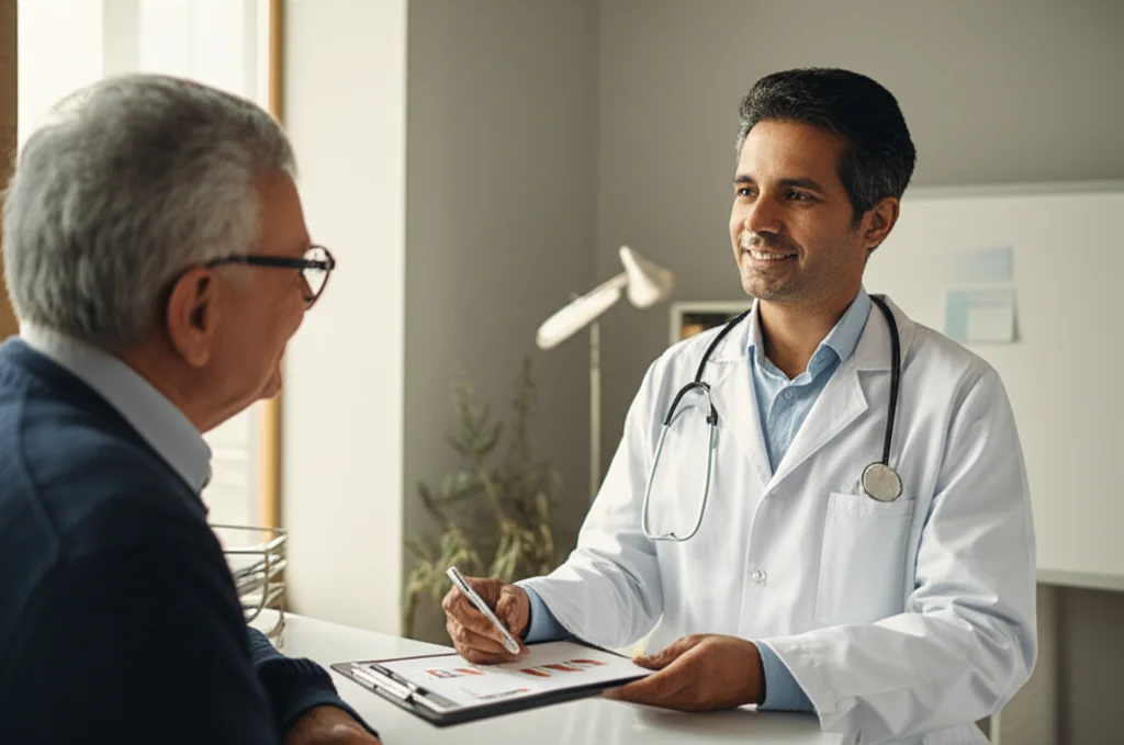 Un medico indiano sorridente discute i risultati di un grafico del profilo glicemico con un paziente anziano in uno studio medico luminoso e accogliente. Il grafico mostra un miglioramento. Obiettivo da 50mm, luce naturale, colori caldi e rassicuranti.