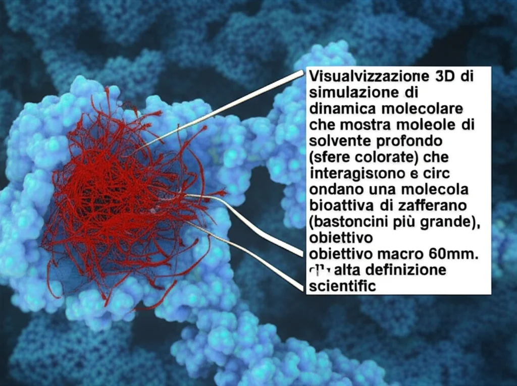 Visualizzazione 3D di simulazione di dinamica molecolare che mostra molecole di solvente eutettico profondo (sfere colorate) che interagiscono e circondano una molecola bioattiva di zafferano (struttura a bastoncini più grande), obiettivo macro 60mm, alta definizione, illuminazione scientifica.
