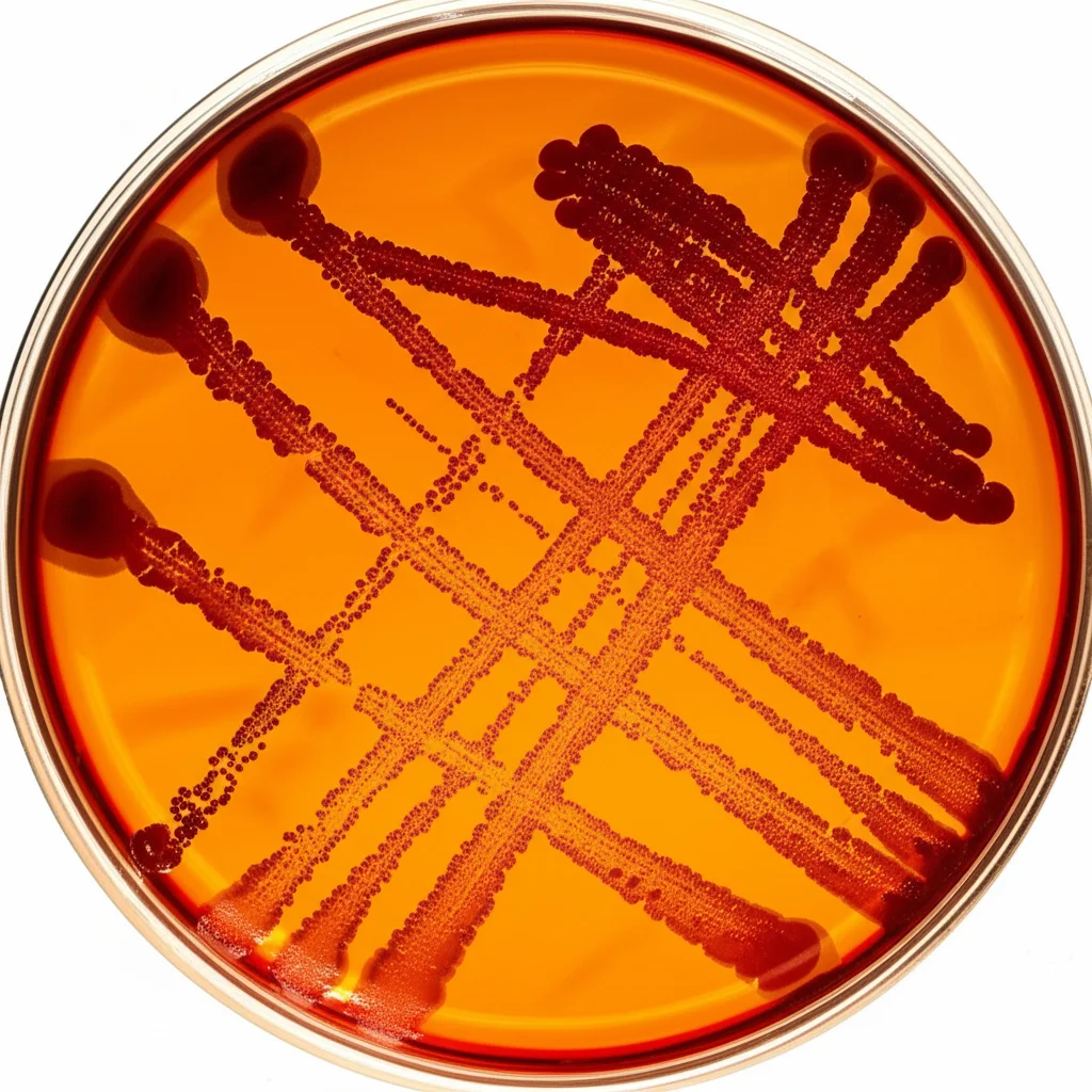 Macro fotografia, obiettivo 100mm, di diverse colonie batteriche (Streptococchi, Lattobacilli, Candida) su una piastra di agar, con illuminazione laterale per esaltare le texture e i colori distinti delle colonie, alta definizione.