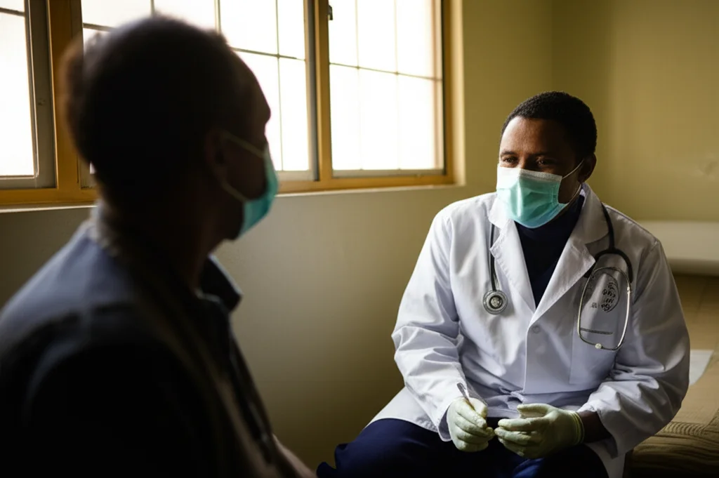 Un operatore sanitario etiope in un centro medico di Addis Abeba discute con un paziente in una stanza privata, luce soffusa che entra da una finestra. Macro lens, 60mm, high detail, precise focusing, controlled lighting, per evidenziare l'interazione e l'ambiente.