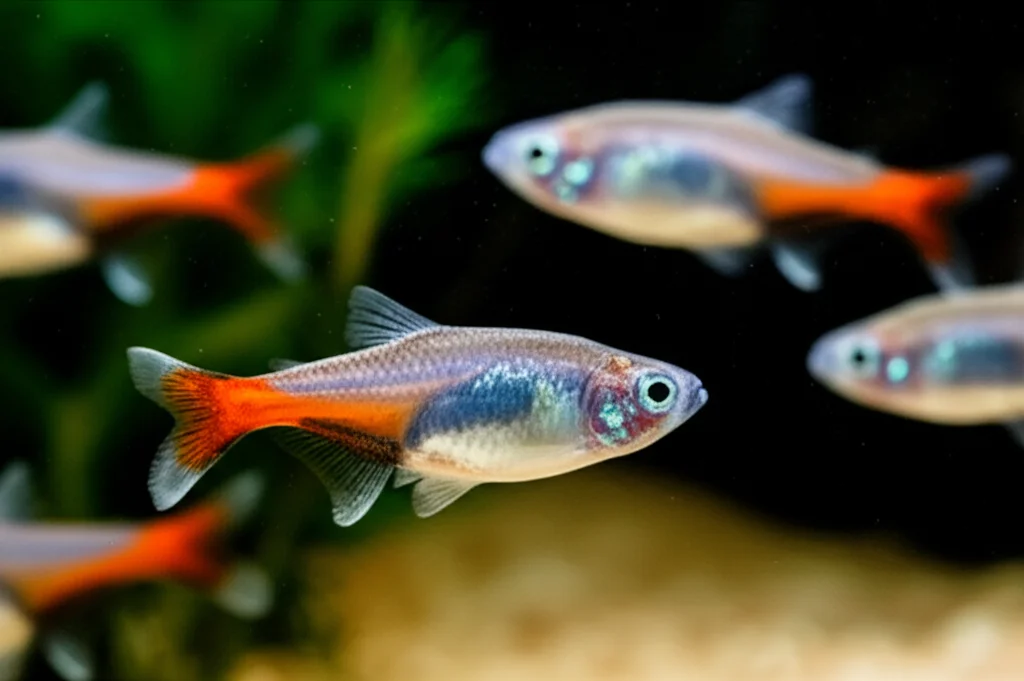 Un'immagine macro di un gruppo di zebrafish che nuotano attivamente in un acquario ben illuminato, con alcuni che mostrano un comportamento più letargico in una zona più scura, a simboleggiare i ritmi di attività e riposo. Dettaglio elevato sui pesci, illuminazione controllata per evidenziare le differenze di attività, obiettivo macro 60mm.
