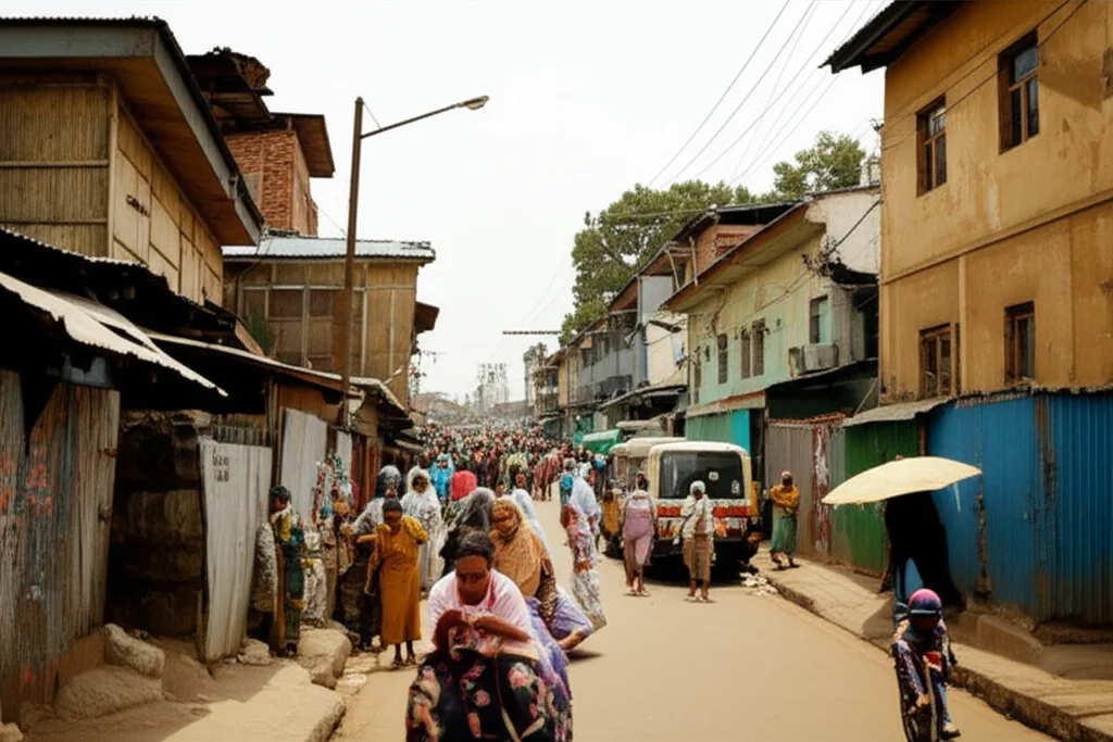 Una strada affollata in un quartiere popolare di Addis Abeba, con abitazioni vicine e persone che svolgono attività quotidiane. Landscape wide angle 10mm, sharp focus, per mostrare le condizioni di vita e la densità abitativa.